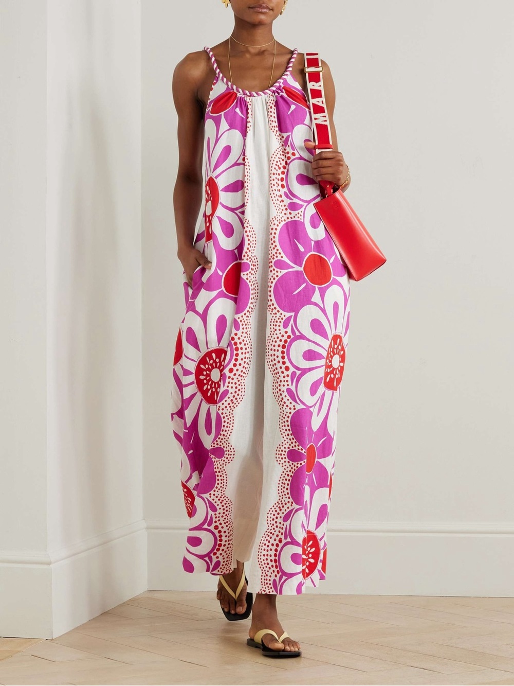 ▪️FARM Rio Maia Linen Jumpsuit Pink/Red Floral Print Size Medium - Picture 4 of 11